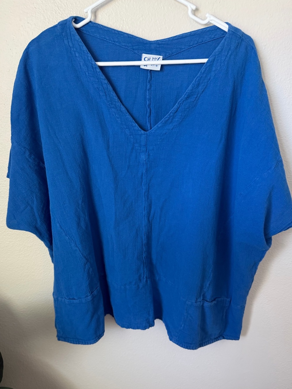 Oh My Gauze Blue Cotton Gauze Oversized V-Neck Top Tunic 3X 4X Tagless coastal